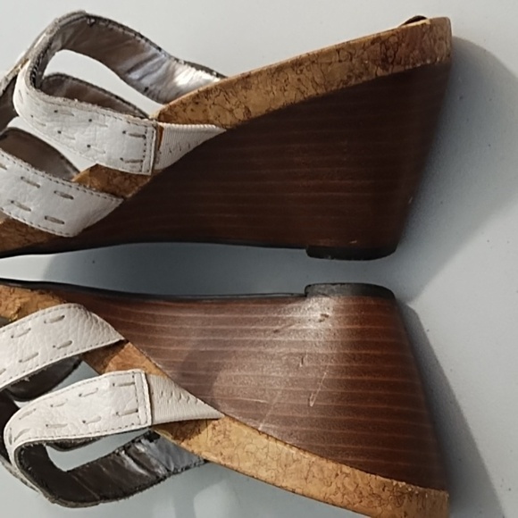 White Wedge Sandals with Leather Straps Stitching Cork Soles - Picture 7 of 13